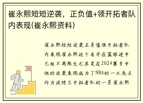 崔永熙短短逆袭，正负值+领开拓者队内表现(崔永熙资料)