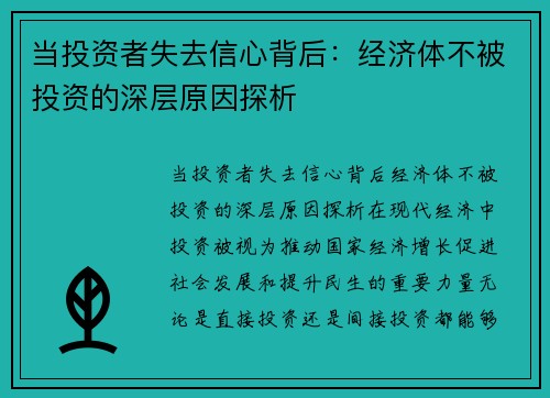 当投资者失去信心背后：经济体不被投资的深层原因探析