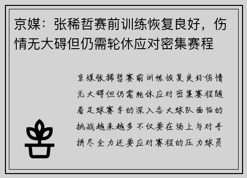 京媒：张稀哲赛前训练恢复良好，伤情无大碍但仍需轮休应对密集赛程