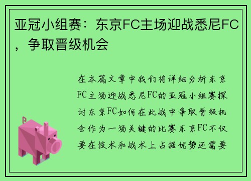 亚冠小组赛：东京FC主场迎战悉尼FC，争取晋级机会