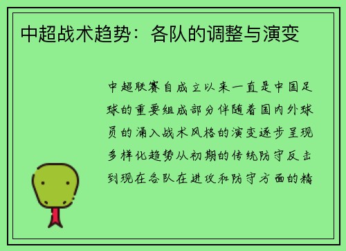 中超战术趋势：各队的调整与演变
