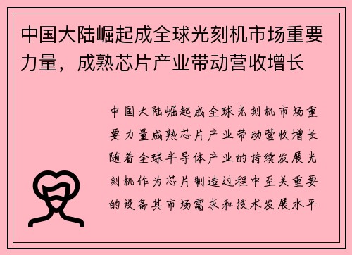 中国大陆崛起成全球光刻机市场重要力量，成熟芯片产业带动营收增长