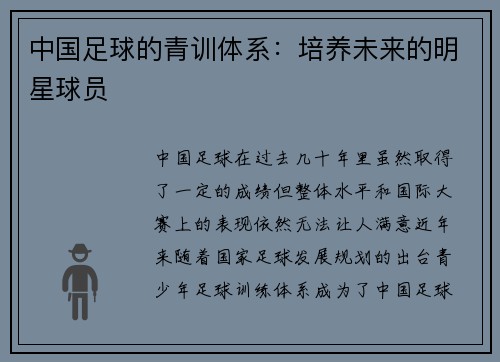 中国足球的青训体系：培养未来的明星球员