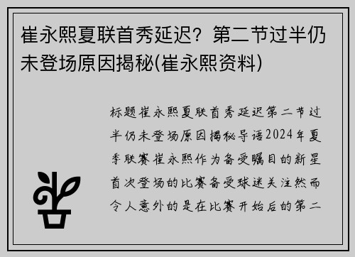 崔永熙夏联首秀延迟？第二节过半仍未登场原因揭秘(崔永熙资料)