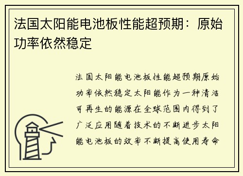 法国太阳能电池板性能超预期：原始功率依然稳定
