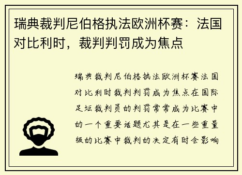 瑞典裁判尼伯格执法欧洲杯赛：法国对比利时，裁判判罚成为焦点