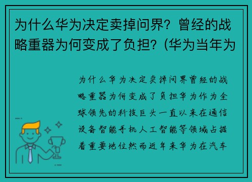 为什么华为决定卖掉问界？曾经的战略重器为何变成了负担？(华为当年为什么想卖掉)